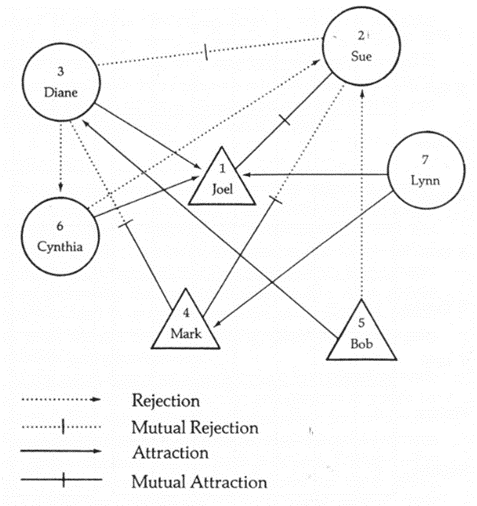 , Sociogram rangkaian sekumpulan 7 individu (Hollander, 1978).